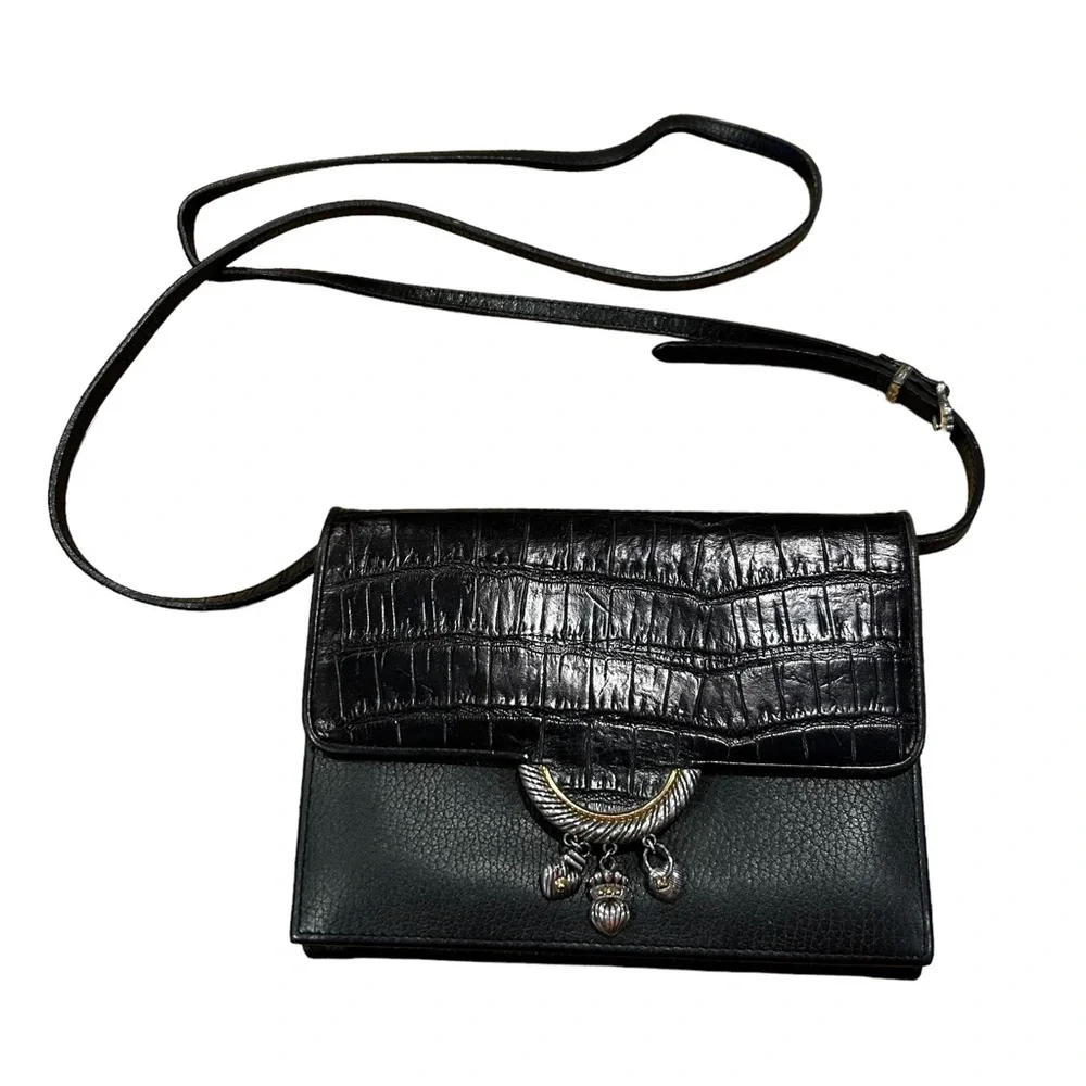 Brighton Black Croc-Embossed Leather Crossbody Key & Card Holder